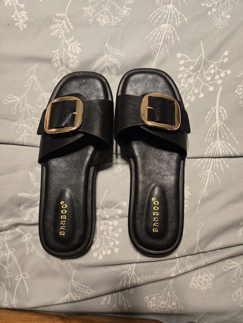 BAMBOO Black Slide Sandals with Gold Buckle Accent
